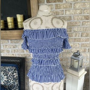 Tee Ink blue and white striped smocked off the shoulder top size S